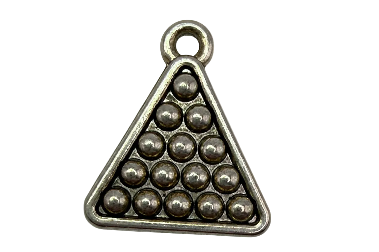 Silver-tone billiards rack triangle charm with raised dot details and oxidized accents