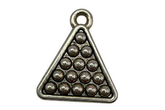 Silver-tone billiards rack triangle charm with raised dot details and oxidized accents