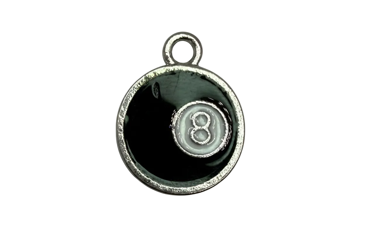 Black enamel round pendant with white eight ball number 8 detail and silver edge