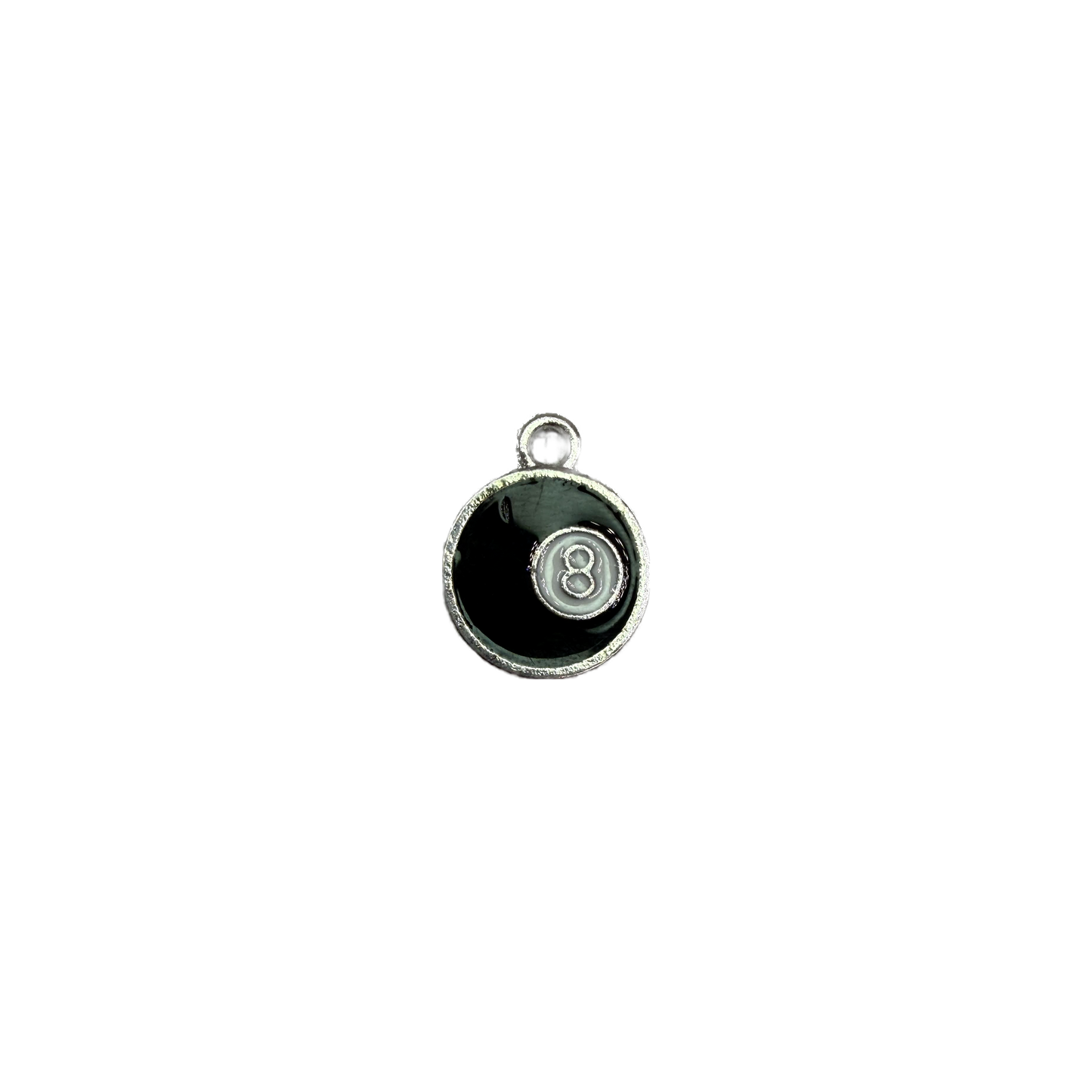 Black enamel disc with white eight ball number 8 and silver edge
