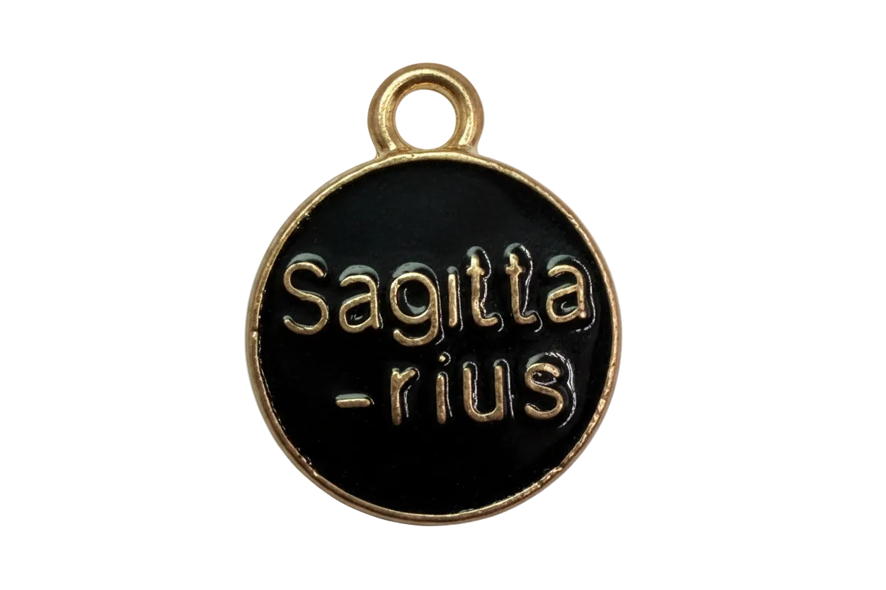 Round black enamel Sagittarius zodiac coin with raised gold lettering and gold rim