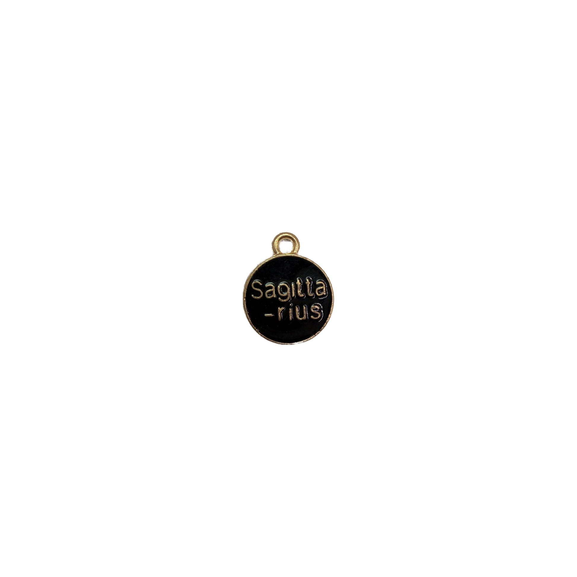 Black enamel Sagittarius coin with raised gold lettering