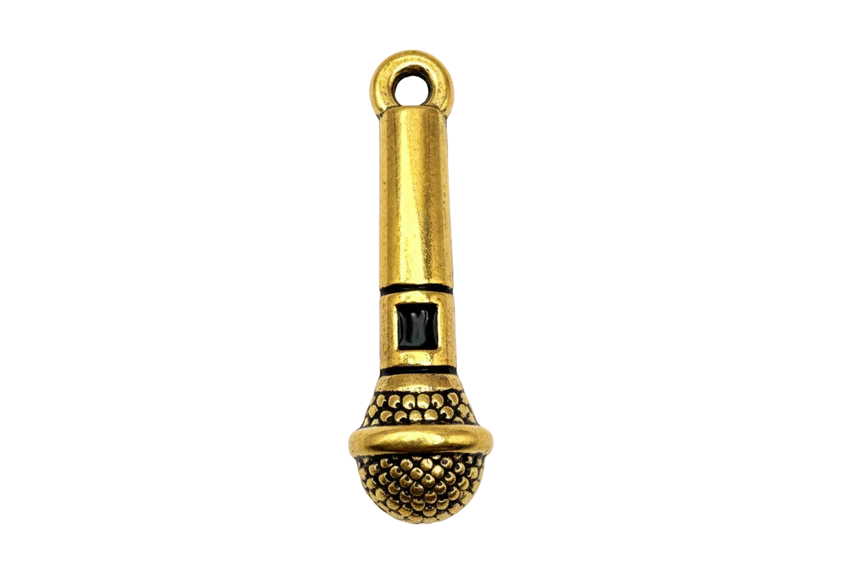 Gold microphone pendant with textured grille and dark recessed details on black background