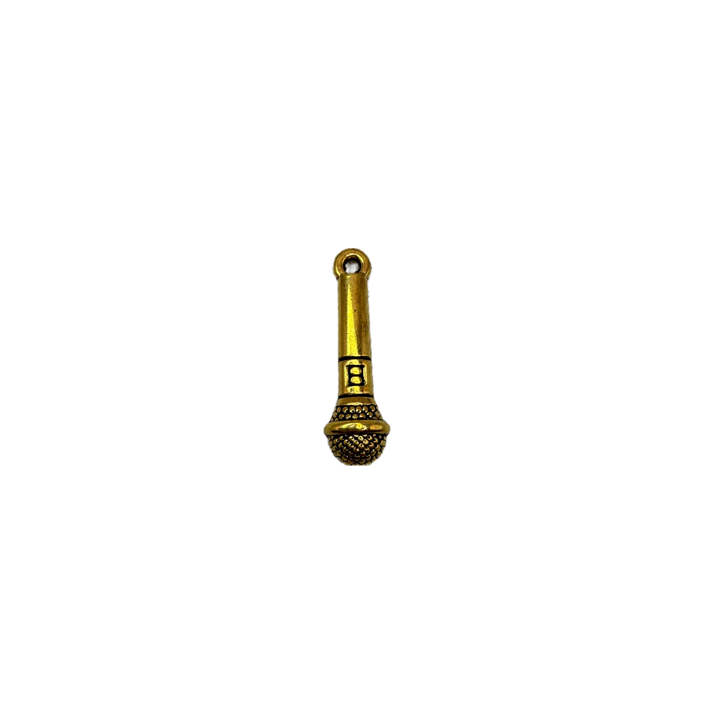 Gold microphone pendant with textured grille and dark details