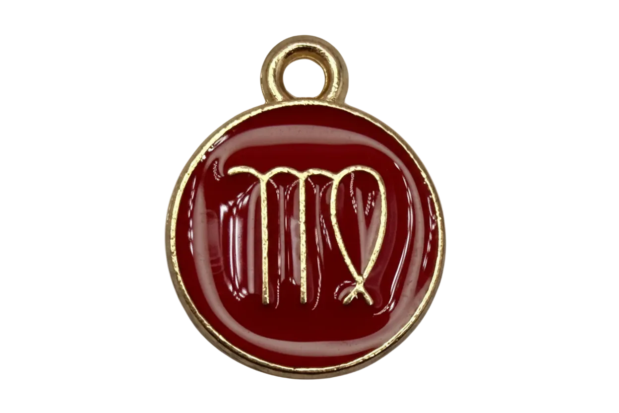 Glossy red round initial M charm with raised gold letter detail