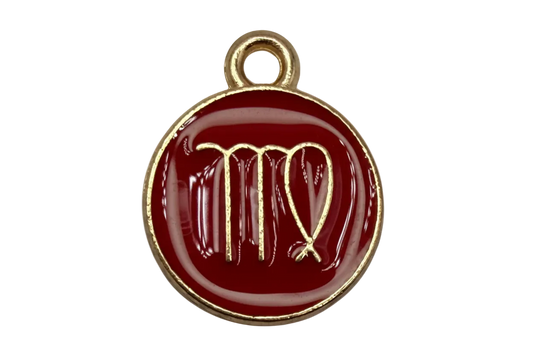Glossy red round initial M charm with raised gold letter detail
