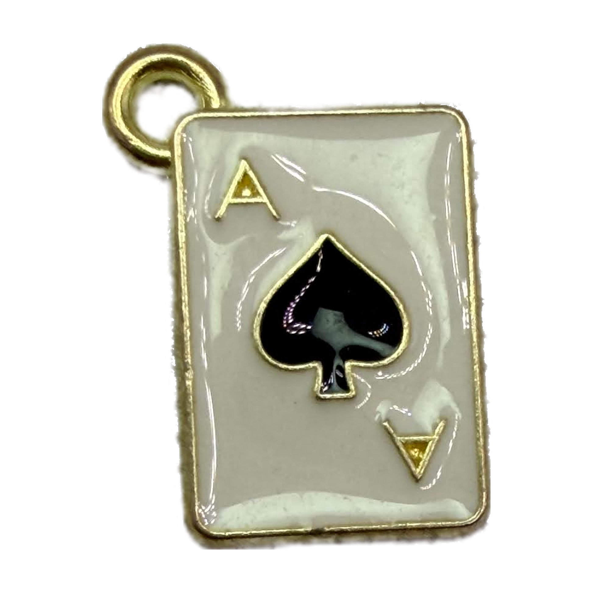 Gold-edged white enamel ace of spades playing card with black spade icon