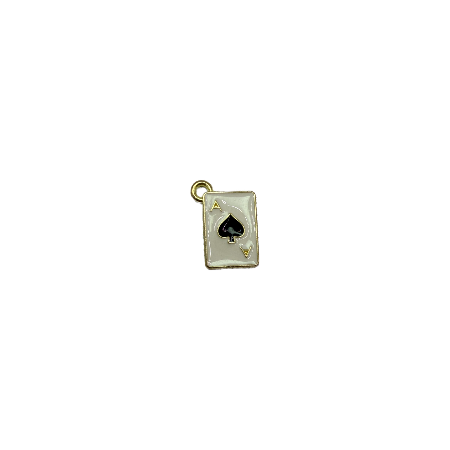 White enamel ace of spades card with black spade and gold edge