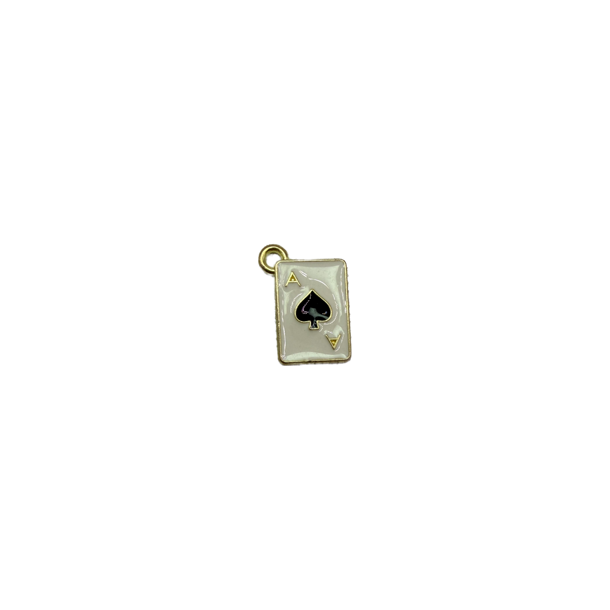 White enamel ace of spades card with black spade and gold edge