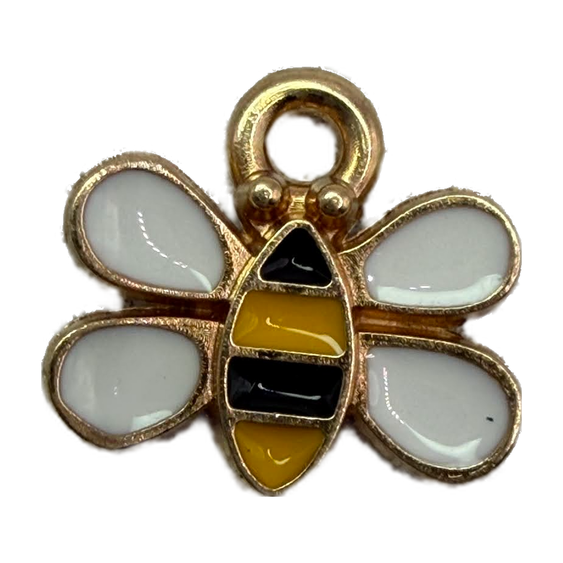 Gold bee charm with white enamel wings and black and yellow striped body