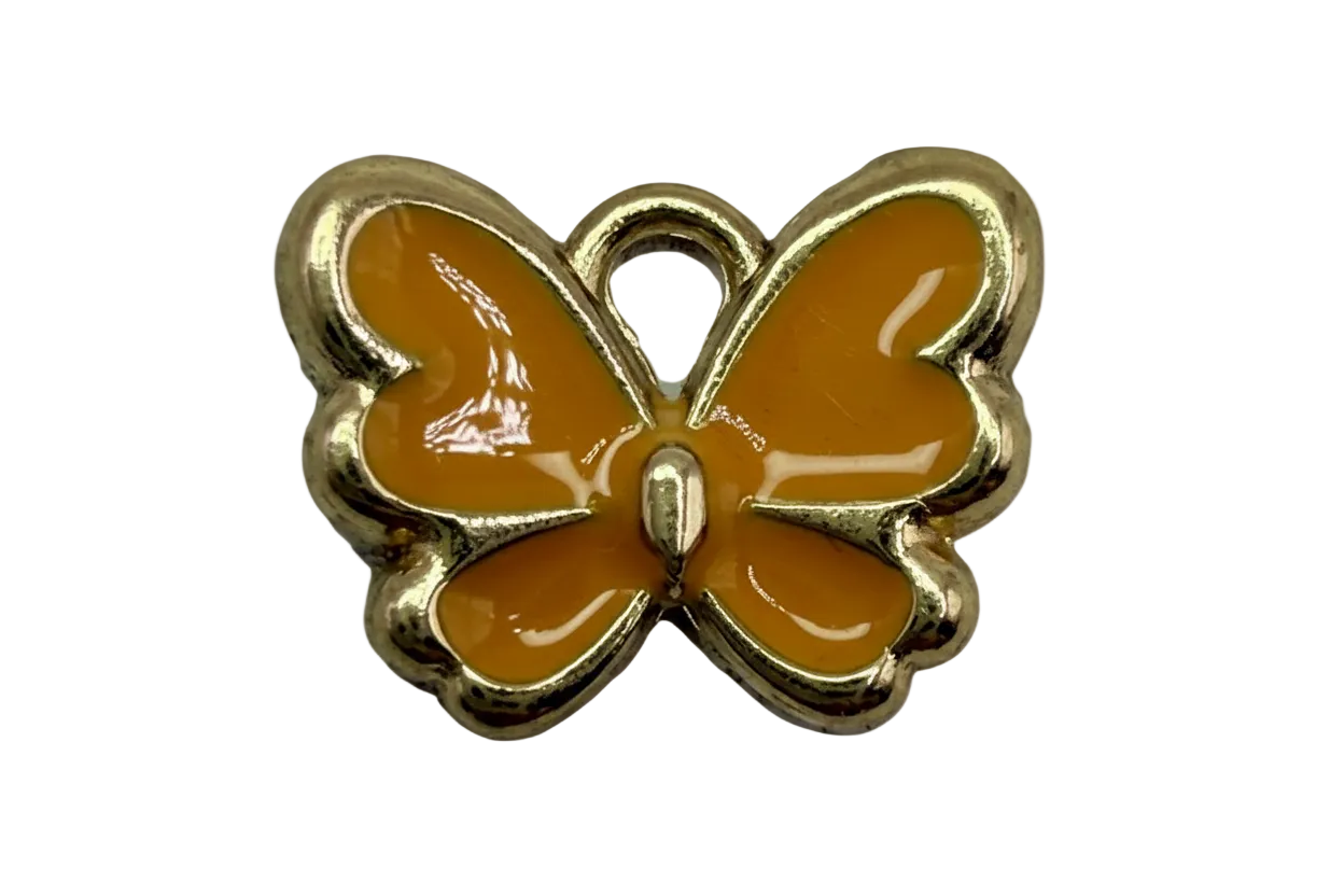 Glossy orange enamel butterfly with polished gold outline on black background