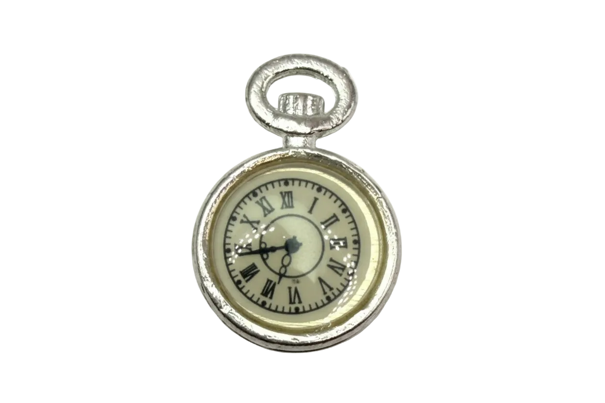 Vintage pocket watch motif in silver with ivory dial and black Roman numerals