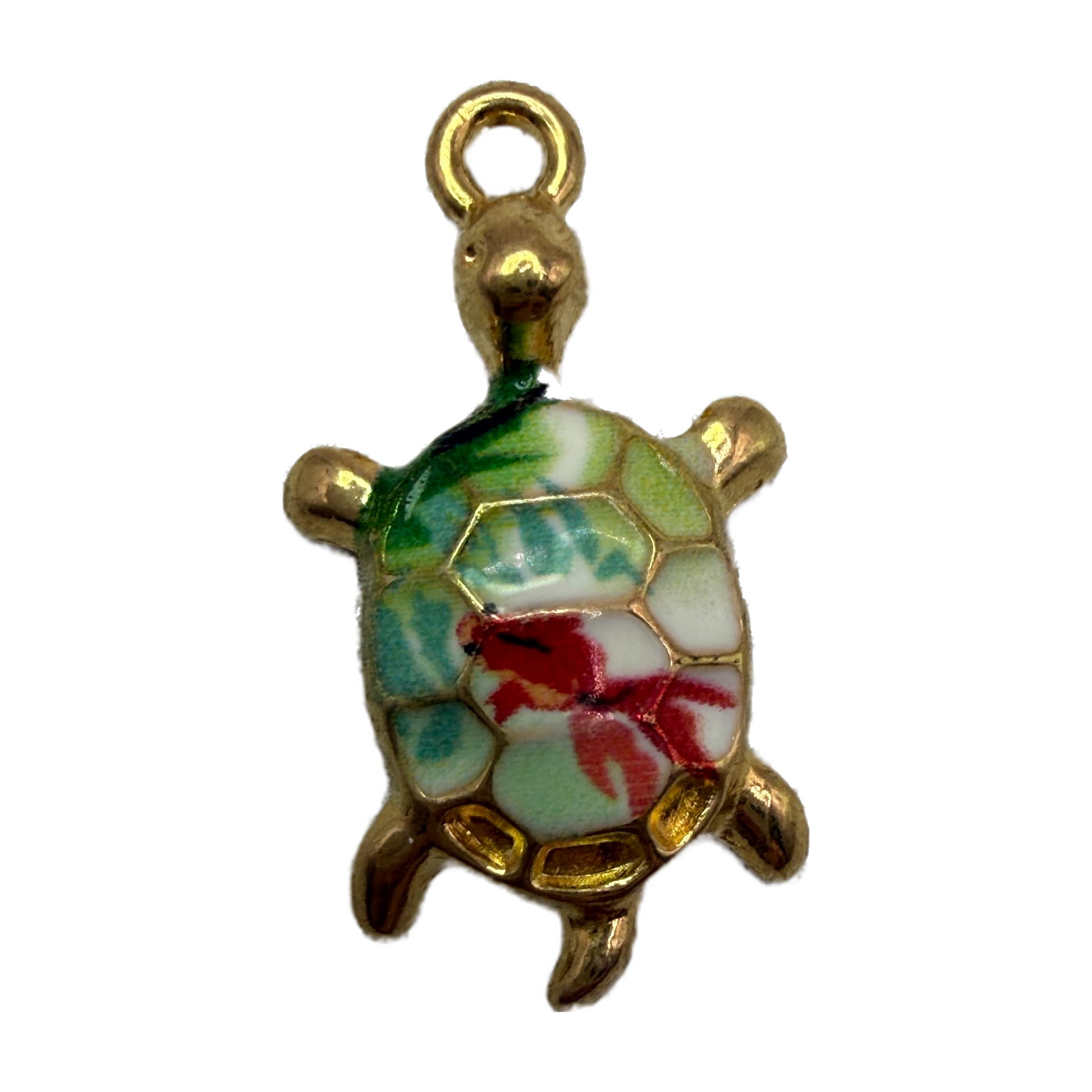 Gold sea turtle charm with glossy multicolor floral shell in green, blue, white, and red