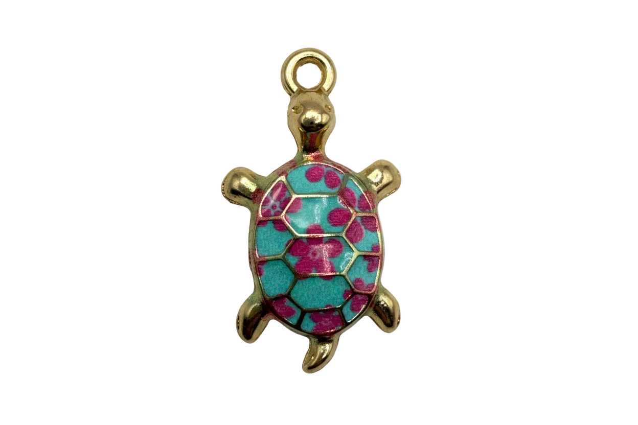 Gold turtle charm with turquoise enamel shell and magenta spots