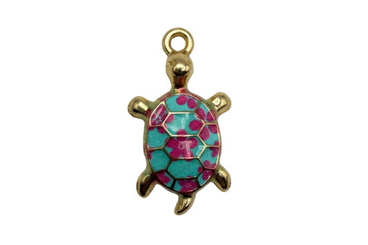 Gold turtle charm with turquoise enamel shell and magenta spots