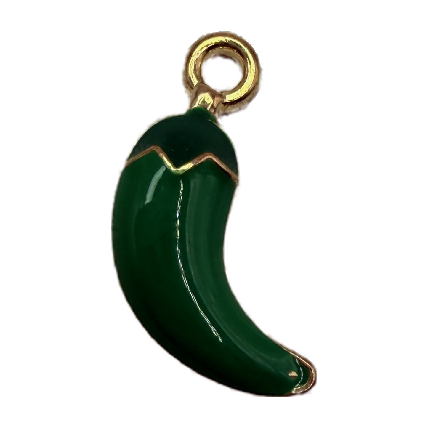 Glossy dark green chili pepper charm with gold trim