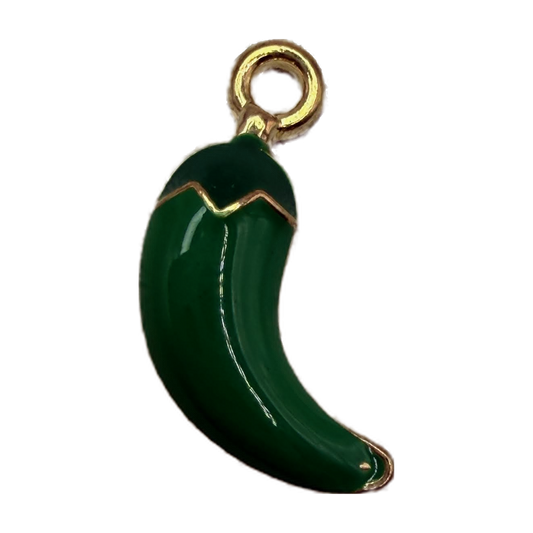 Glossy dark green chili pepper charm with gold trim