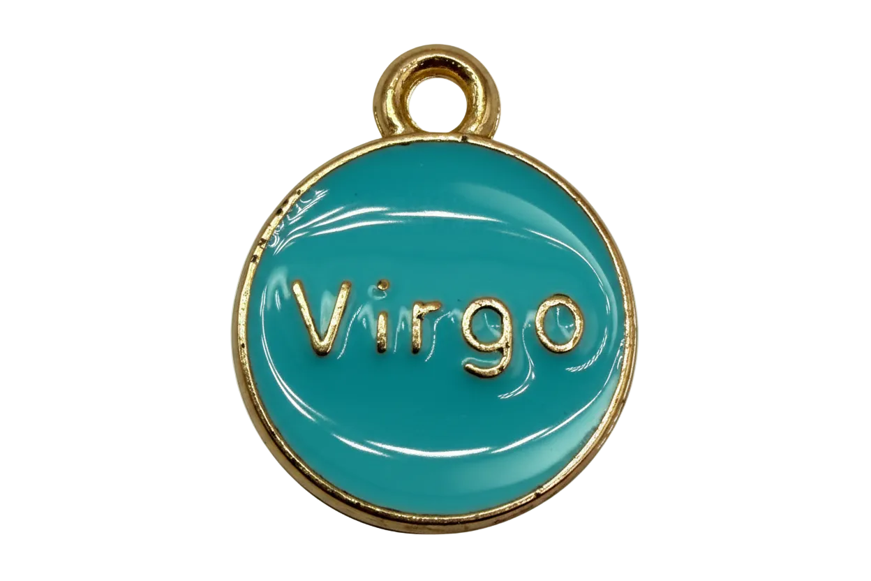 Teal round zodiac disc with raised gold Virgo lettering