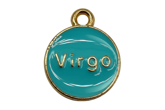 Teal round zodiac disc with raised gold Virgo lettering