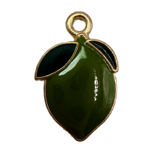 Glossy olive green pear fruit charm with dark green leaves and gold outline