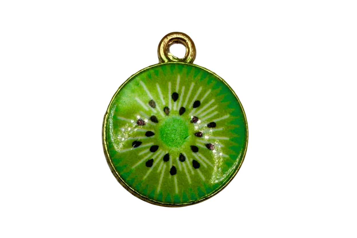 Glossy green kiwi slice disc with black seeds and gold rim