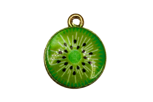Glossy green kiwi slice disc with black seeds and gold rim