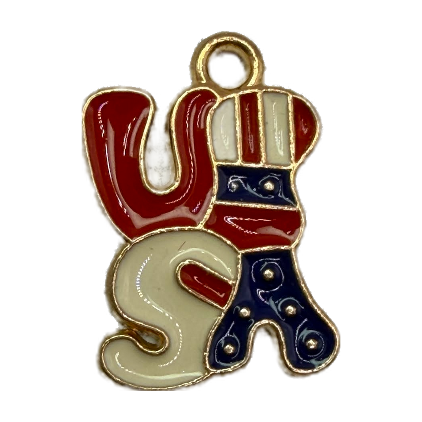 Red, white, and navy enamel USA letters with gold outline