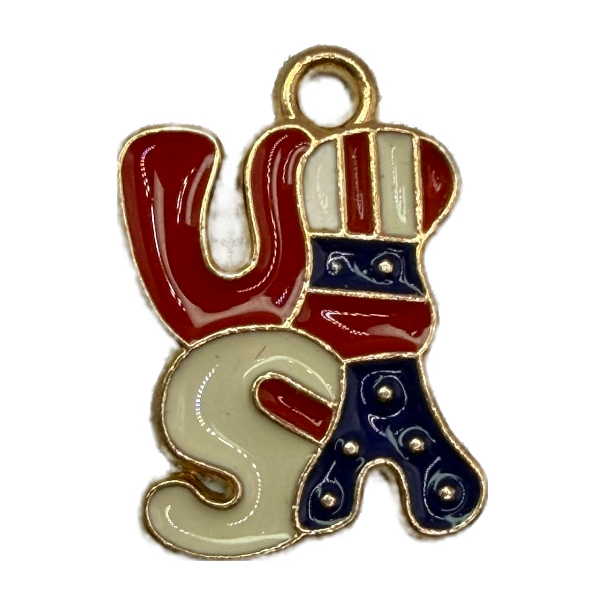 Red, white, and navy enamel USA letters with gold outline