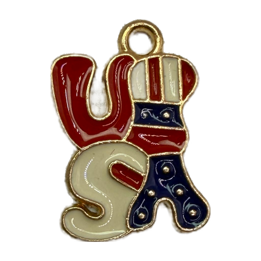 Red, white, and navy enamel USA letters with gold outline