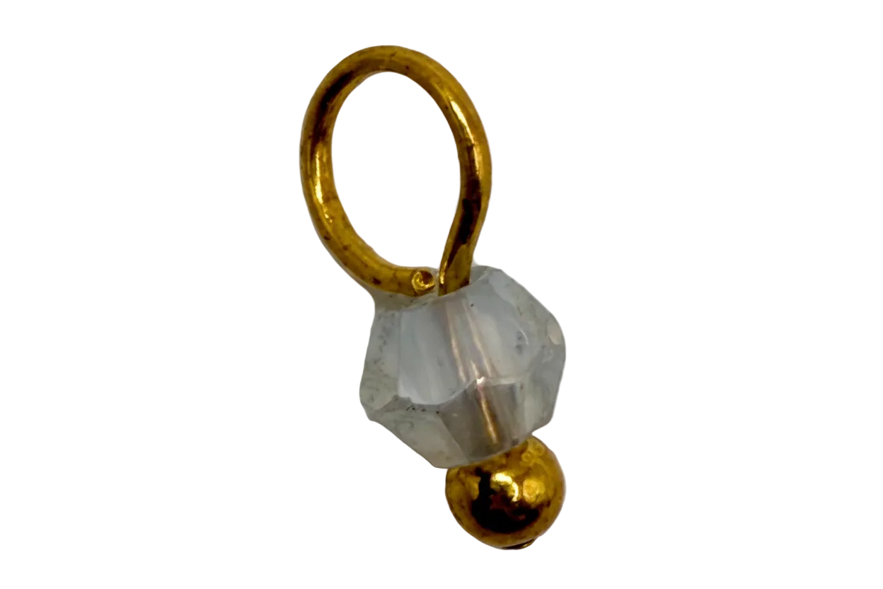 Gold safety pin charm with faceted opalescent bead and small gold sphere