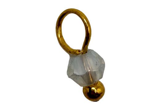 Gold safety pin charm with faceted opalescent bead and small gold sphere