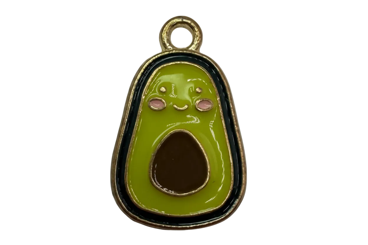 Smiling avocado half in glossy green enamel with brown pit, pink cheeks, and gold outline