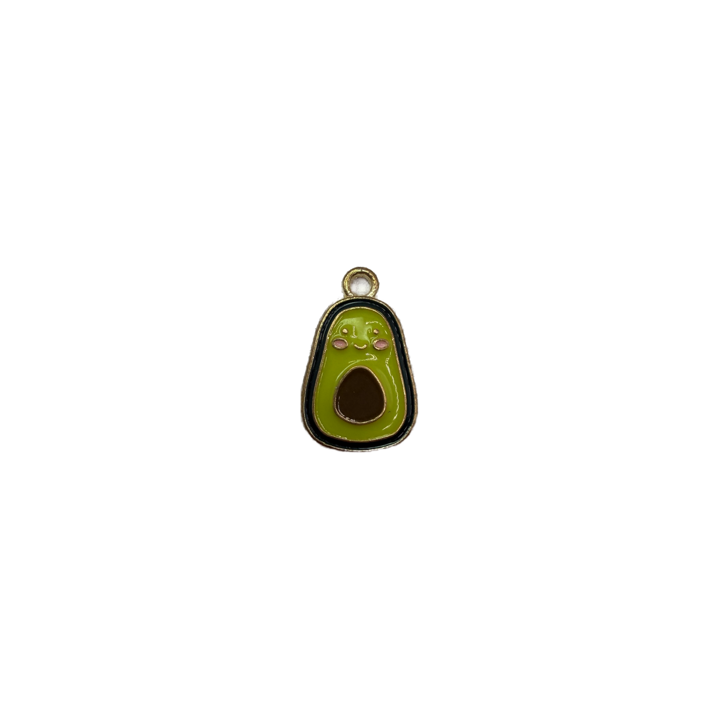 Smiling green enamel avocado half with brown pit and gold outline