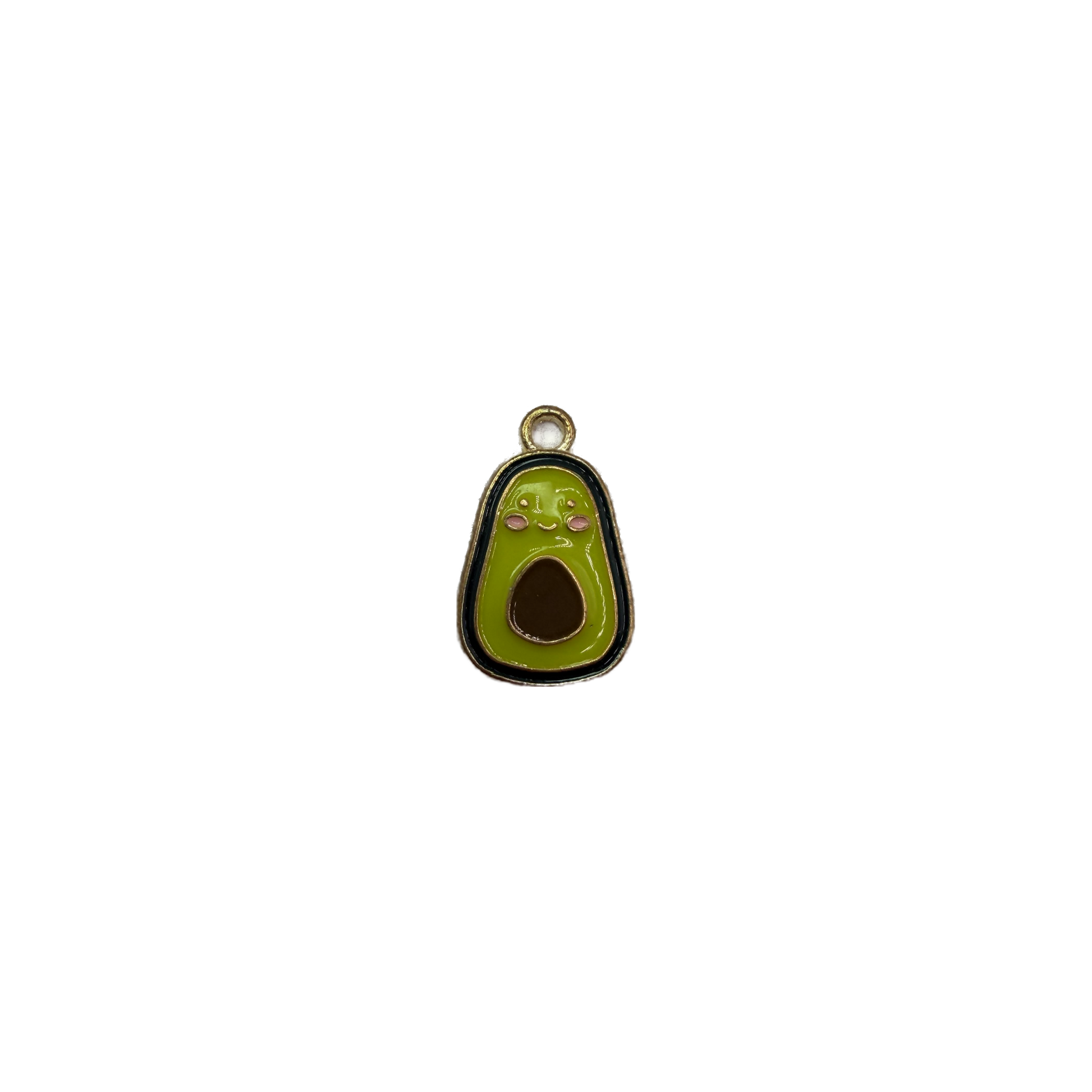 Smiling green enamel avocado half with brown pit and gold outline