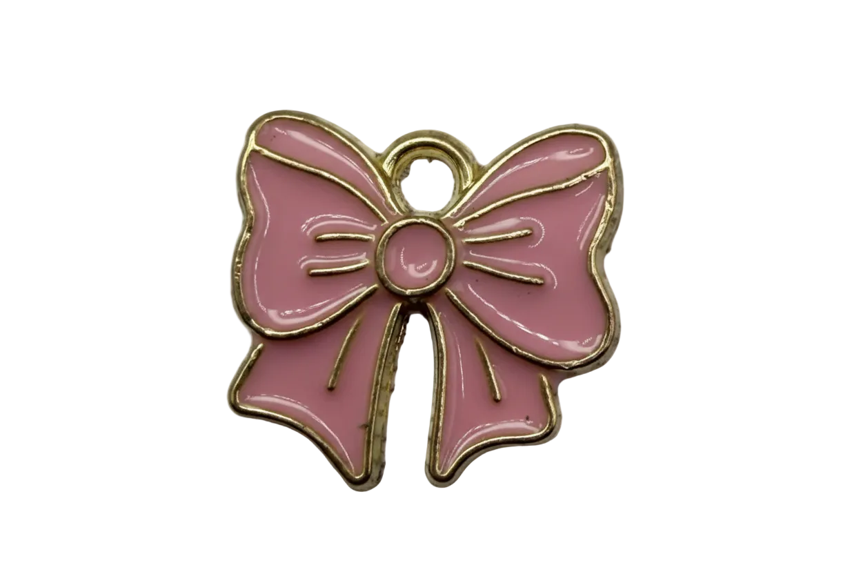 Glossy pink enamel bow with gold outline and center knot