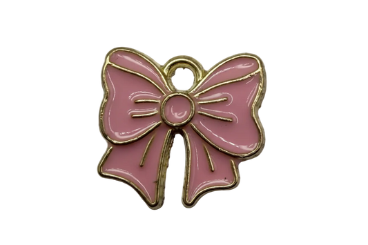 Glossy pink enamel bow with gold outline and center knot