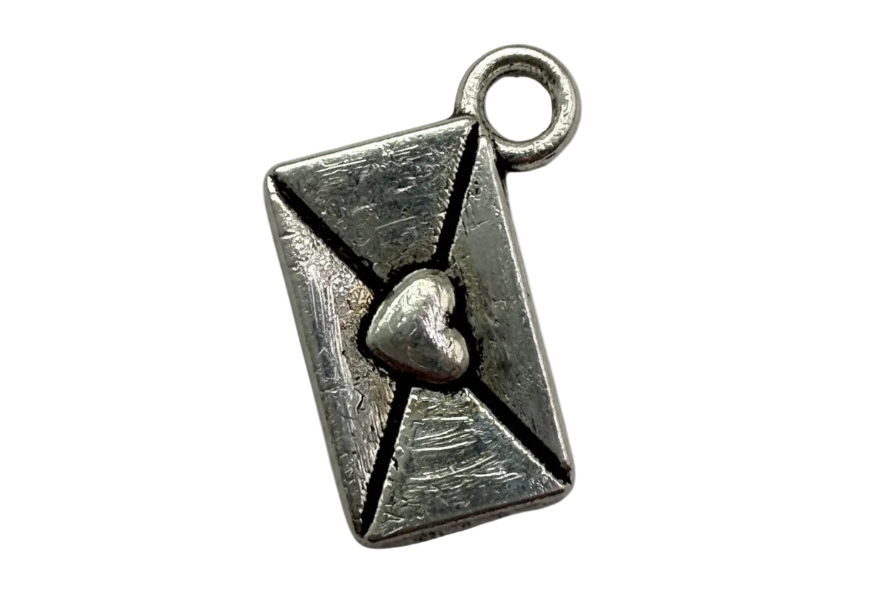 Silver-tone textured envelope charm with raised heart seal and distressed finish