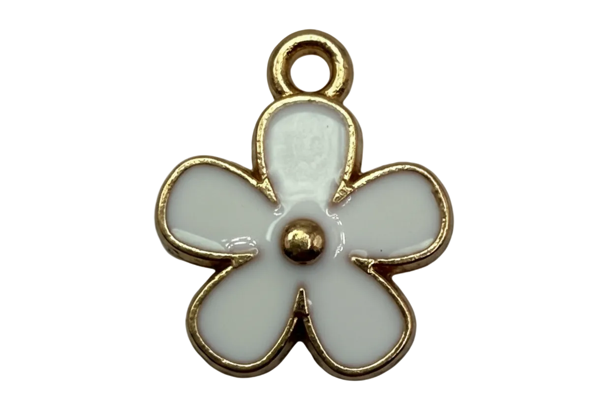 White enamel five-petal flower charm with gold outline and gold center bead