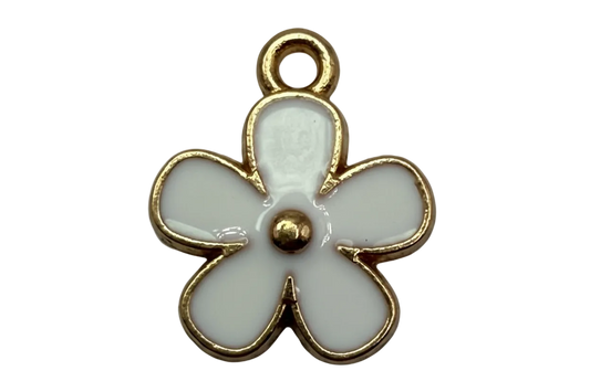White enamel five-petal flower charm with gold outline and gold center bead