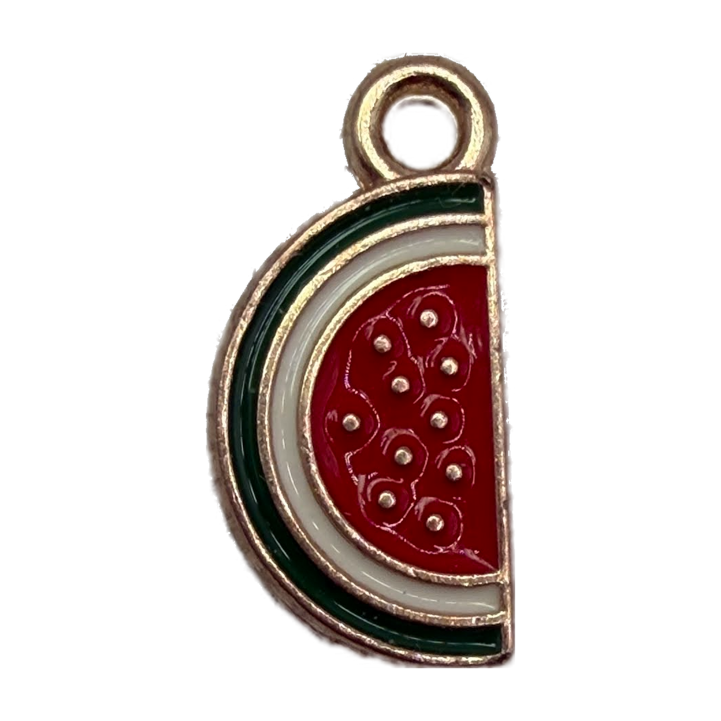 Gold-outlined enamel watermelon slice with red center and green-and-white rind