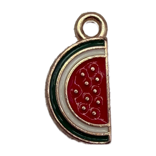 Gold-outlined enamel watermelon slice with red center and green-and-white rind