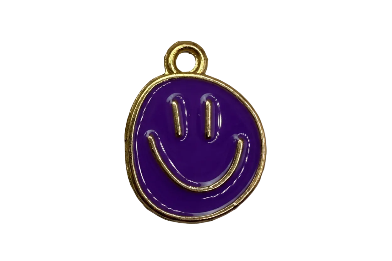 Glossy purple smiley face disc with gold outline