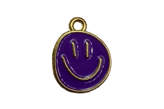 Glossy purple smiley face disc with gold outline