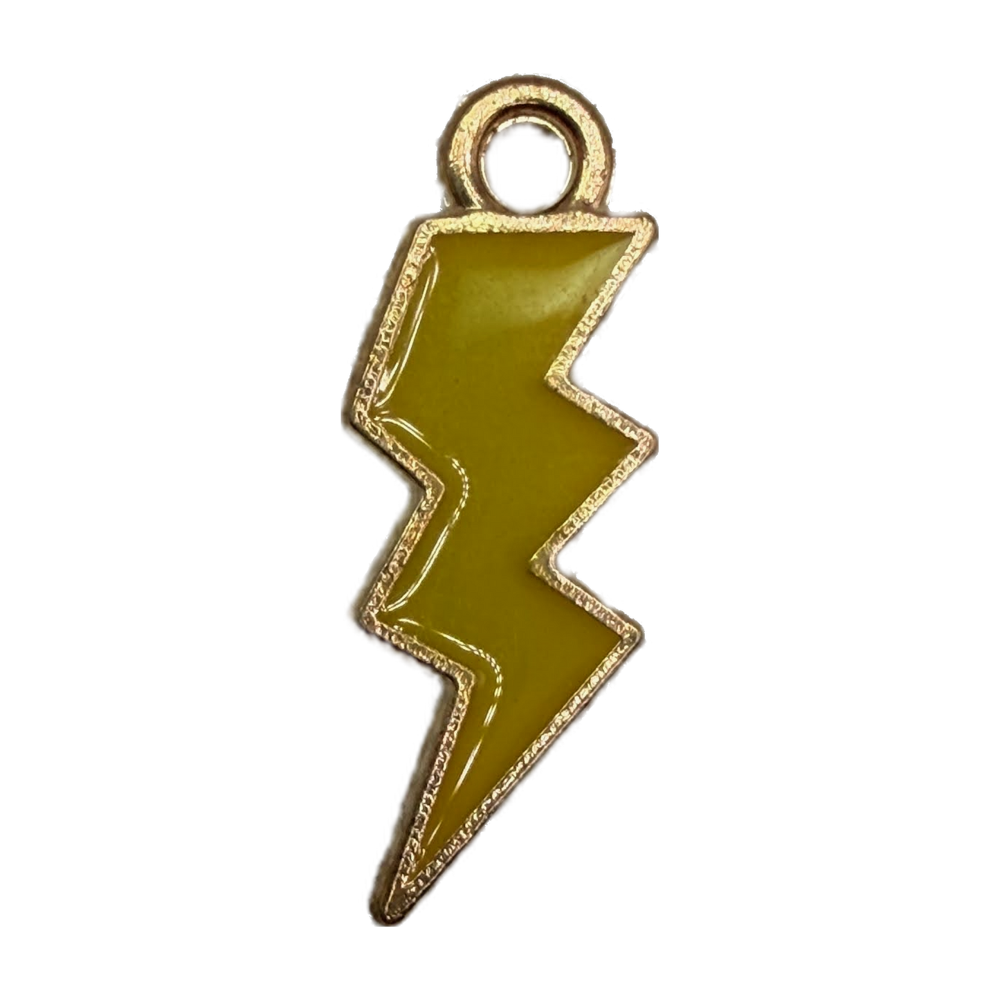 Mustard yellow enamel lightning bolt charm with gold outline on black background