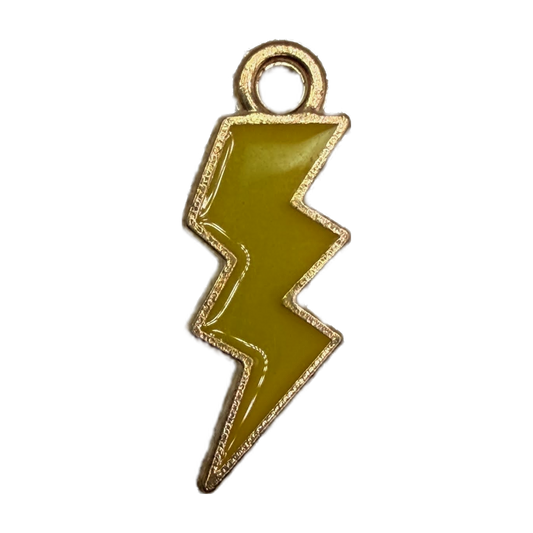 Mustard yellow enamel lightning bolt charm with gold outline on black background