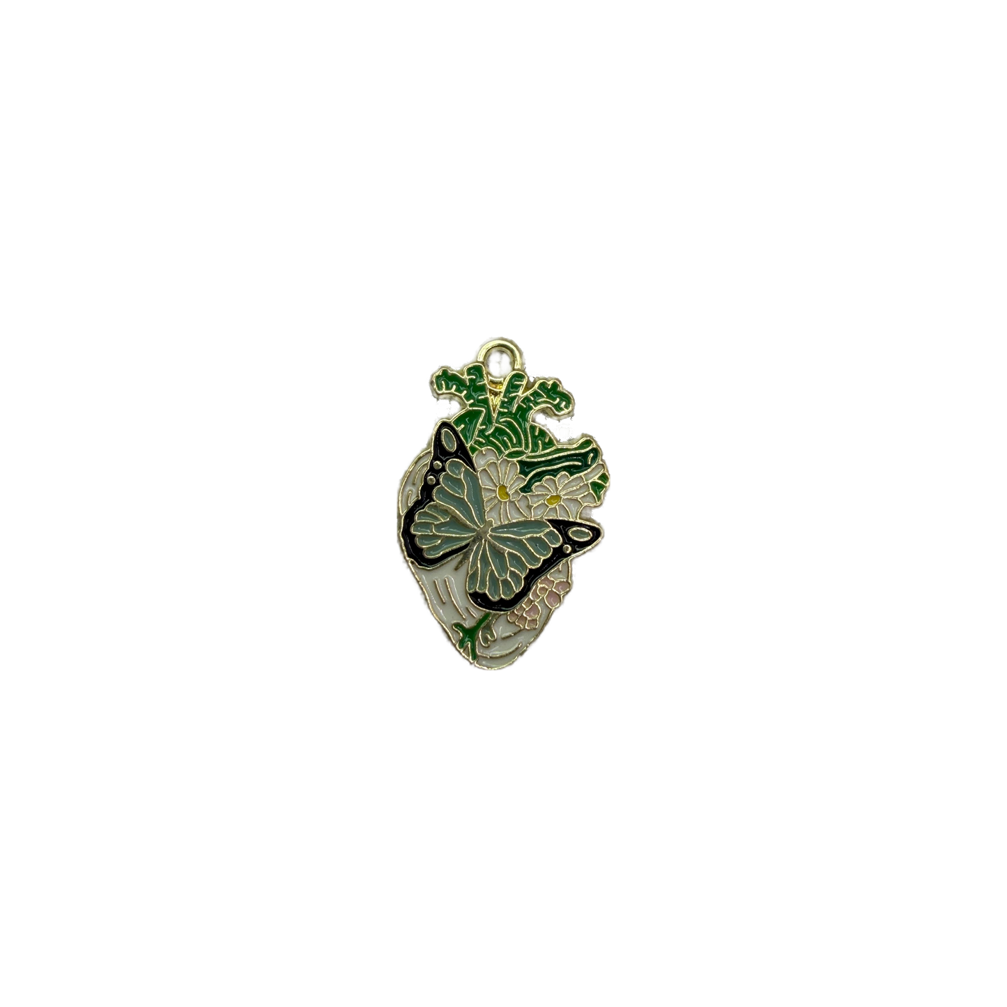 Gold enamel heart with butterfly, daisies, and green leaves