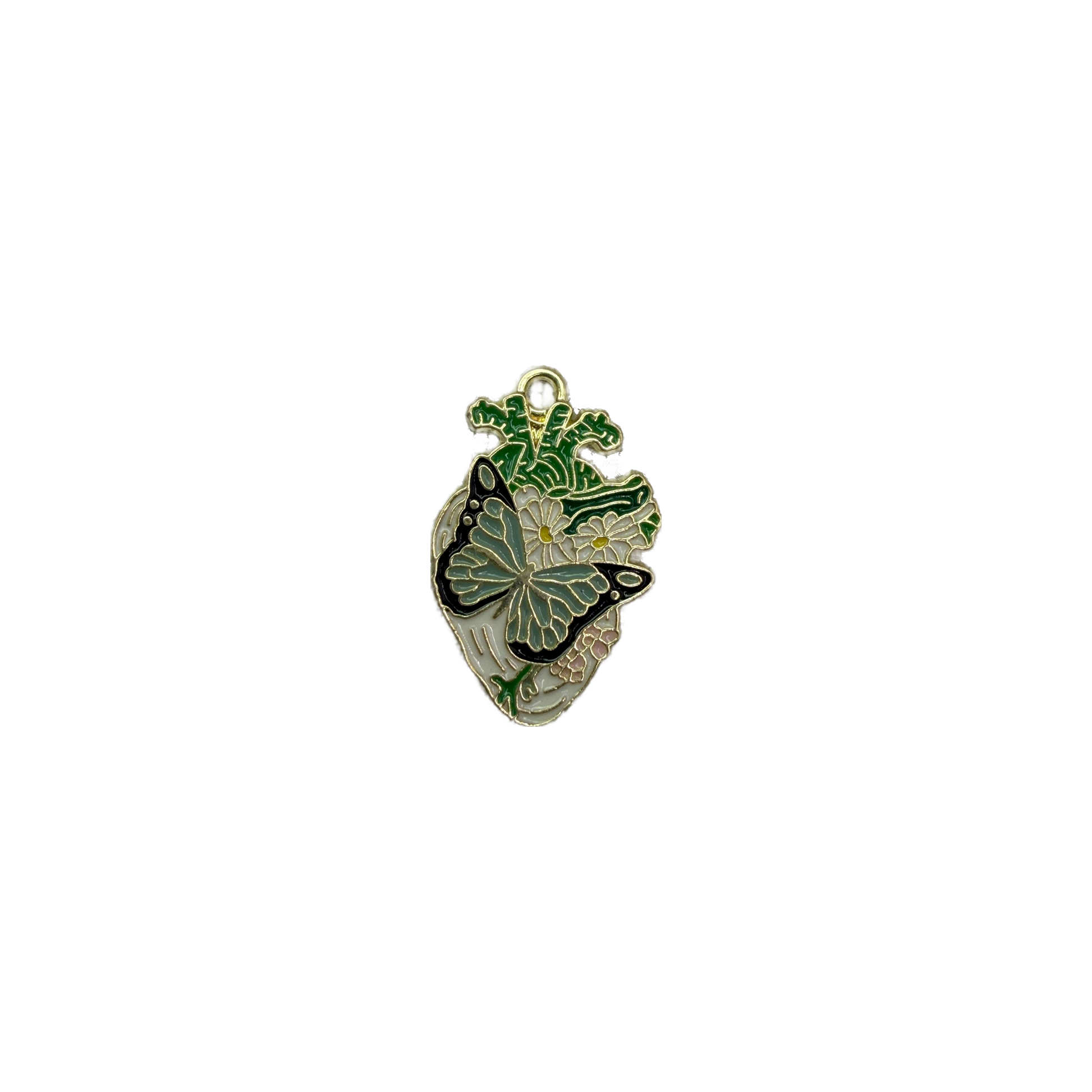 Gold enamel heart with butterfly, daisies, and green leaves