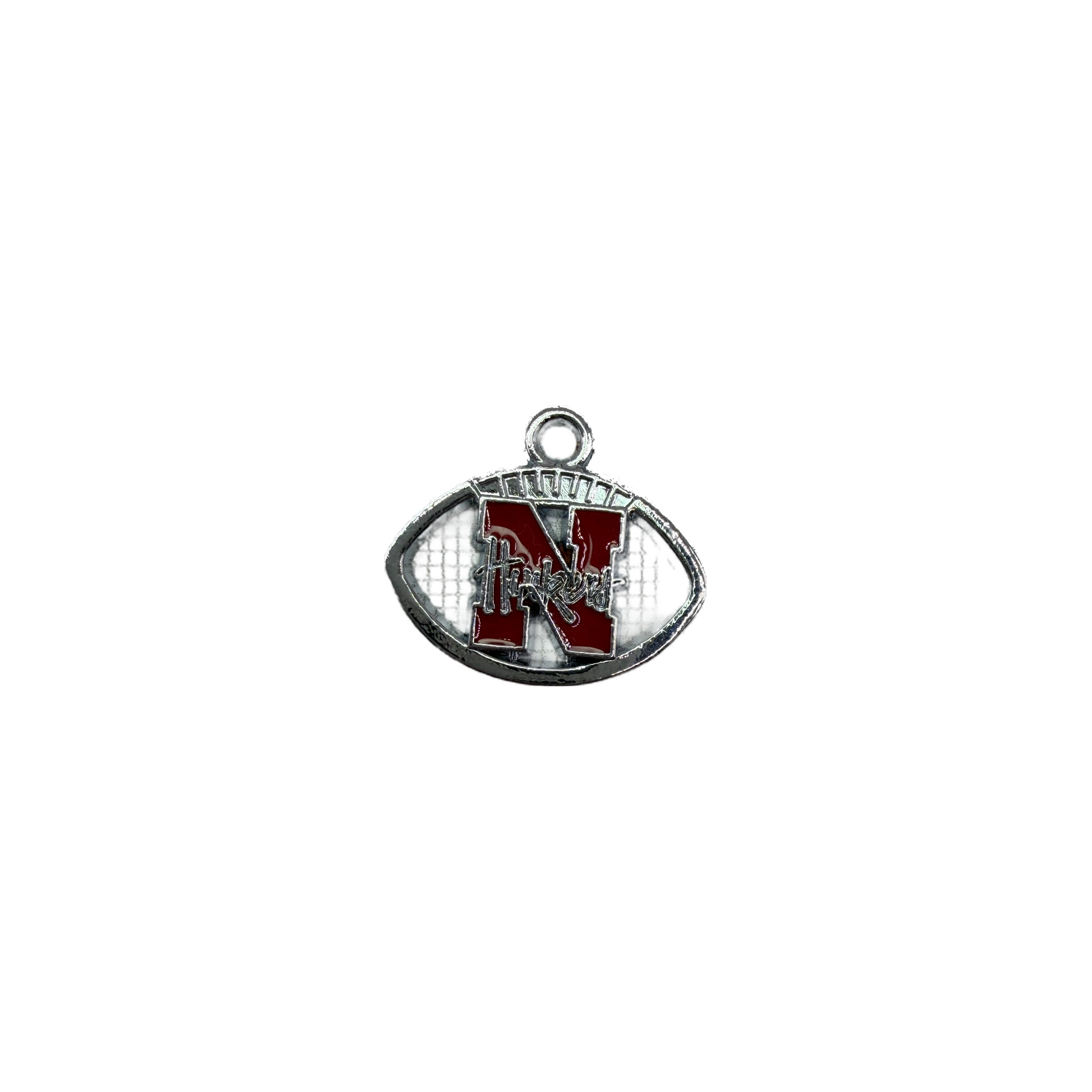 Football emblem with red varsity letter N in silver frame