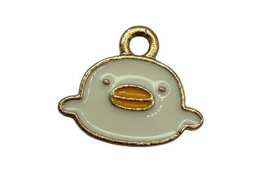 Glossy white duck face with orange beak and gold outline