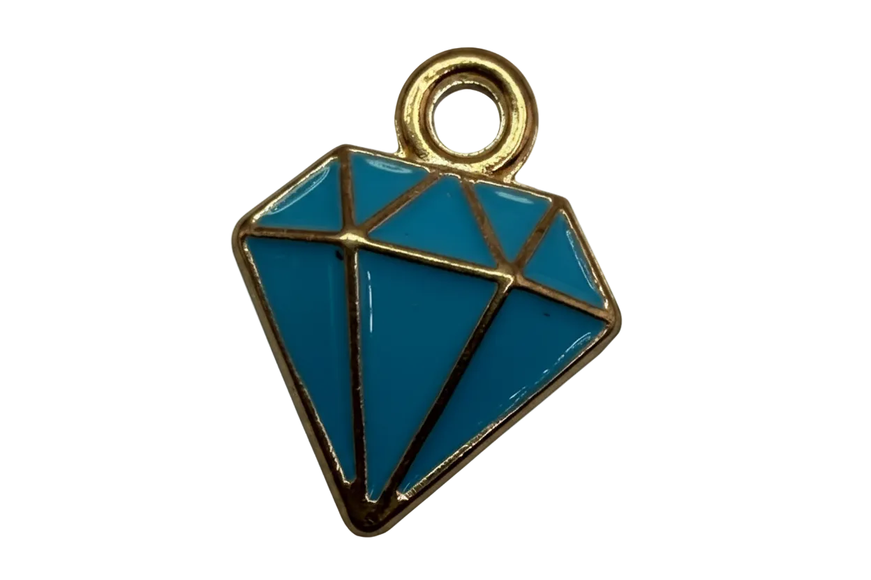 Teal blue faceted diamond icon charm with gold outline and glossy enamel finish
